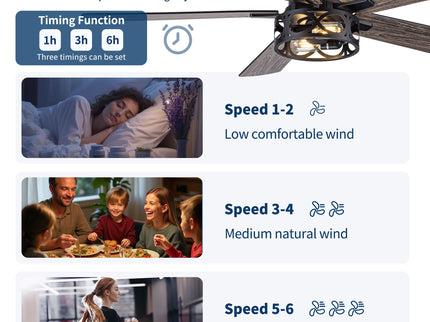 Ceiling Fan With Light, Dual‑Sided Matte Black & Wood Grain Blades - Black