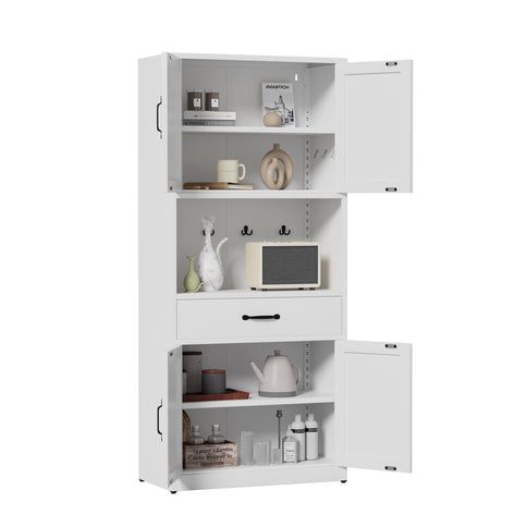 Kitchen Pantry Cabinet With Adjustable Shelves, Drawers, Hooks And Large Countertop - White