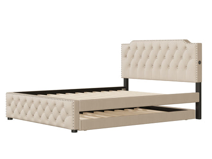 Upholstered Platform Bed With Trundle And 2 Sets Of USB Ports On Each Side, Fabric