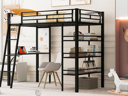 Loft Metal Bed With 3 Layers Of Shelves And Desk, Stylish Metal Frame Bed With board