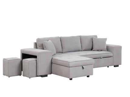 Modern L-Shape 3 Seat Reversible Sectional Couch, Pull Out Sleeper Sofa With Storage Chaise And 2 Stools For Living Room Furniture Set