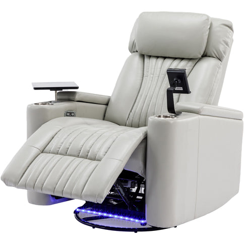 270° Power Swivel Recliner Home Theater Chair With Hidden Arm Storage, LED Light, Cup Holder, And Tray Table