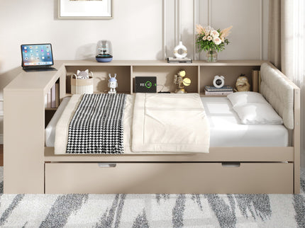 Upholstered Headboard Platform Bed With Storage Shelves, Trundle, Charging Station