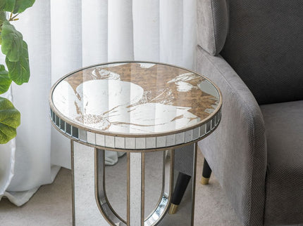 Round Table With Elegant Foral Design And Mirrored