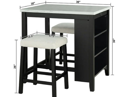 Dining Table Set With Storage Shelves, 3 Piece With 2 Stools - Black / Ivory / White