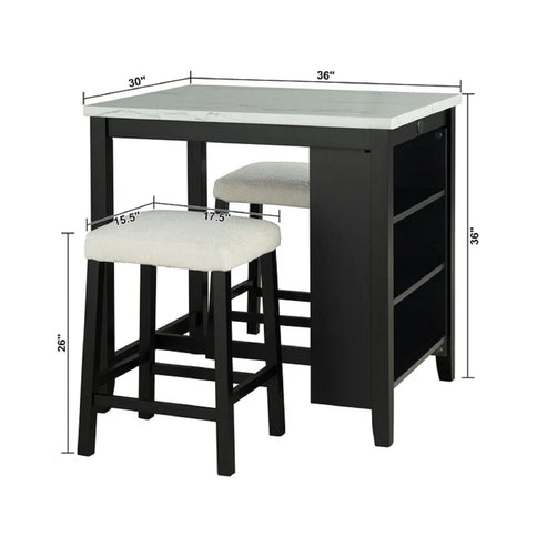 Dining Table Set With Storage Shelves, 3 Piece With 2 Stools - Black / Ivory / White