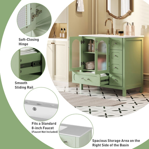 Bathroom Cabinet With Waffle Texture Doors, 4 Drawer Vanity With Soft-Closing Hinges And Glass Panels - Green