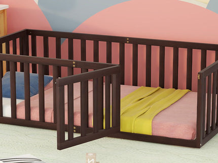 Twin Size Floor Bed Frame With Fence And Door - Walnut