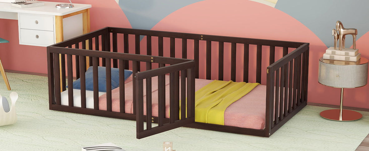 Twin Size Floor Bed Frame With Fence And Door - Walnut
