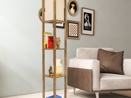 Pinnacle - Shelf Floor Lamp For Bedroom / Living Room, Long Shade - Natural Wood / White