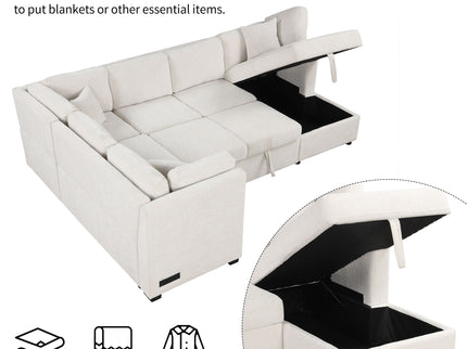 U-Shaped Sectional Sofa Pull Out Sofa Bed With Two USB Ports, Two Power Sockets, Three Back Pillows And A Storage Chaise For Living Room