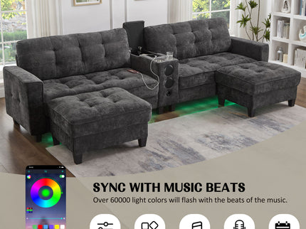 Modern Sectional Sofa U-Shaped With Movable Ottomans, tooth Speakers, LED Lights And Modular Storage