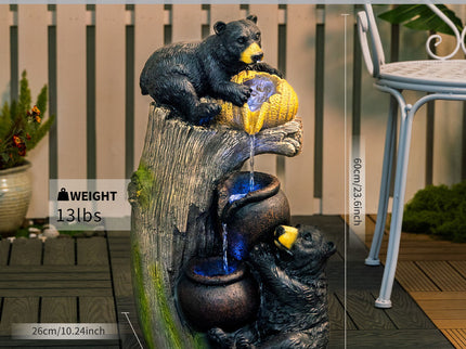 Bear Tree Stump Outdoor Water Fountain With LED Lights - Brown Gray
