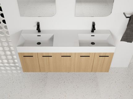 Floating Double Sink Bathroom Vanity With Extra Large Storage, Integrated Sink, Soft Close Doors, Wall Mounted Bath Vanity - Glossy White / Light Oak