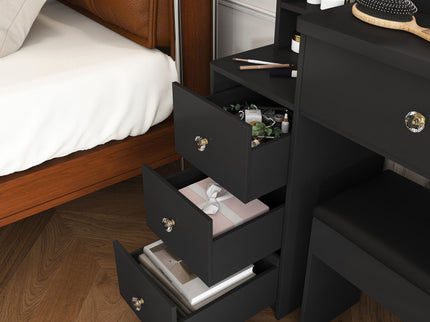 Vanity Desk With 3 LED Lighting Modes, 4 Drawers, Open Shelves, Hair Dryer Holder & Power Socket Dressing Table Set With Chair - Black
