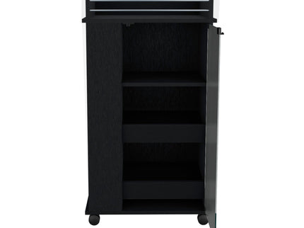 Bar Cart With Glass Door, 2 Side Shelves And Casters - Black