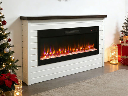 65" Electric Fireplace With Wall Mantel, 50" Fireplace Insert Heater, Remote Control, Timer For Living Room - Antique White