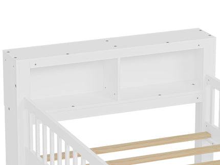 Bed With Headboard Storage Rack, 2 Under Bed Drawers, 3 Side Guardrails For Safety