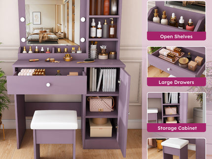 Vanity Desk Set With Padded Stool And Adjustable LED Mirror, 3 Color Light Modes - Purple