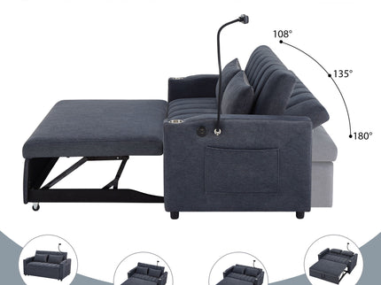 Convertible Sofa Bed Loveseat Sofa With Three USB Ports, Two Side Pockets, Two Cup Holders And 360° swivel Phone Holder For Living Room