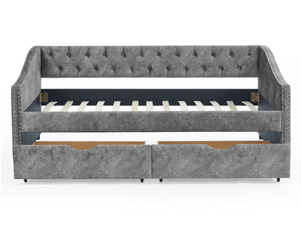 Upholstered Tufted Daybed With 2 Drawers, Waved Arms