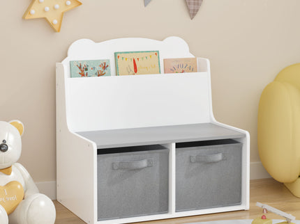Bookshelf With Storage Bins, Bookcase With Book Display Shelf And 2 Bins, Cute Bear Shaped Backboard, Toy Organizer - White
