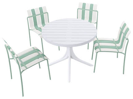 4 Piece Set Of Color Block Designed Single Chairs & Round Table - Cream White / Haze Green / White