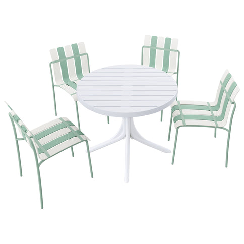 4 Piece Set Of Color Block Designed Single Chairs & Round Table - Cream White / Haze Green / White