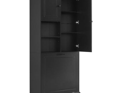 Modern Tall Storage Cabinet With Adjustable Shelves, Flip-Out Basket & Enclosed Doors