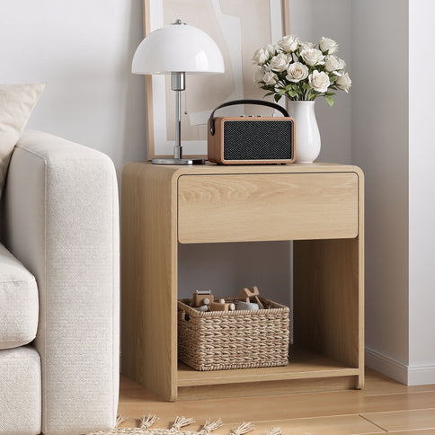 Bedside Table With Storage Drawers And Open Shelves (Set of 2) - Oak
