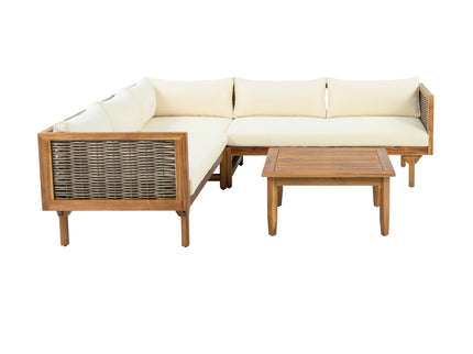 Premium Outdoor Sofa Set With Waterproof Cushions Sectional Seating Group With Acacia Wood And Wicker - Brown Mix / Beige