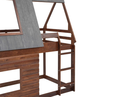 Wood Twin Size House Bunk Bed With Roof, Ladder And 2 Windows - Oak & Smoky Gray