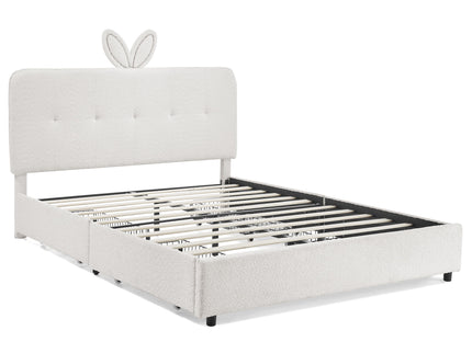 Upholstered Bed With Oversized Rabbit Ear Headboard, LED Lights & 4 Storage Drawers