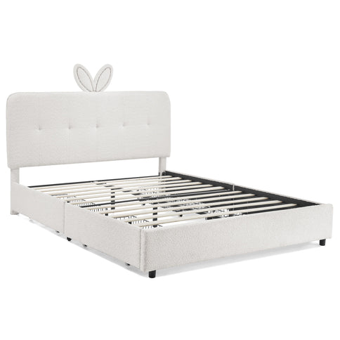 Upholstered Bed With Oversized Rabbit Ear Headboard, LED Lights & 4 Storage Drawers