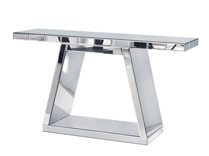Modern Luxe Full Body Mirror Entryway Table With Trapezoid Base, 360° Reflective Console, Scratch Resistant, Open Storage - Silver