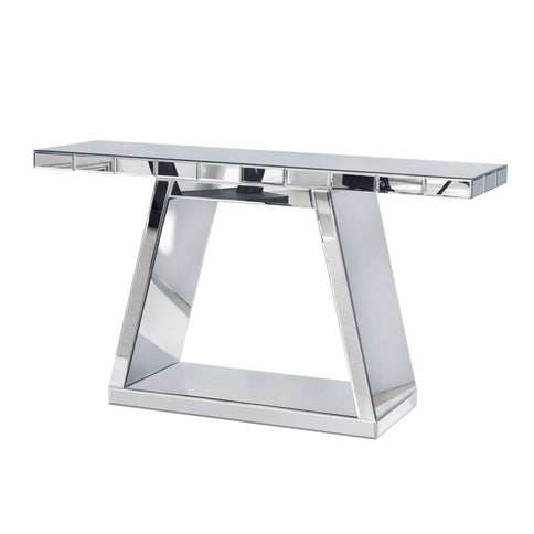 Modern Luxe Full Body Mirror Entryway Table With Trapezoid Base, 360° Reflective Console, Scratch Resistant, Open Storage - Silver