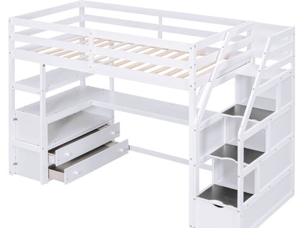 Loft Bed With Desk, Shelves, 2 Drawers, Storage Staircase
