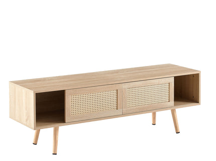 55.12" Rattan TV Cabinet, Double Sliding Doors For Storage, Adjustable Shelf, Solid Wood Legs, TV Console For Living Room
