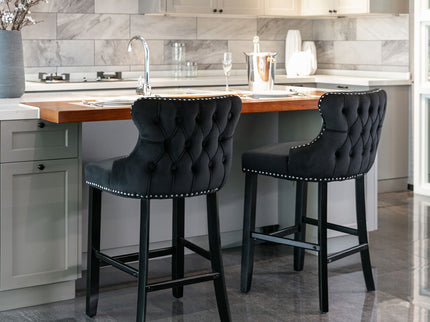Contemporary Upholstered Wing-Back Barstools With Button Tufted Decoration And Wooden Legs, And Nailhead Trim, Leisure Style Bar Chairs, Bar Stools (Set of 2)