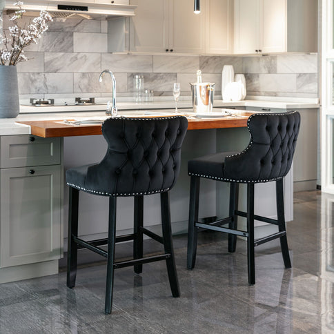 Contemporary Upholstered Wing-Back Barstools With Button Tufted Decoration And Wooden Legs, And Nailhead Trim, Leisure Style Bar Chairs, Bar Stools (Set of 2)