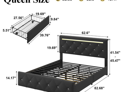 Upholstered Bed Frame With LED Lights, 4 Storage Drawers, Charging Station