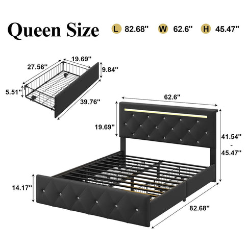 Upholstered Bed Frame With LED Lights, 4 Storage Drawers, Charging Station