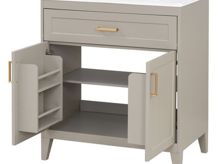30" Bathroom Vanity With Sink Top, Soft Close Double Doors & Tip Out Drawer, Adjustable Interior Shelf, Door Mounted Organizers - Beige