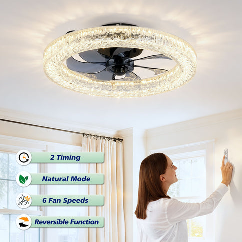 LED Light Source And Remote Control, 3000 - 6500K Dimmable Flush Mount LED Fan Light, 6 Speeds, Quiet DC Motor For Living Room - Matte Black