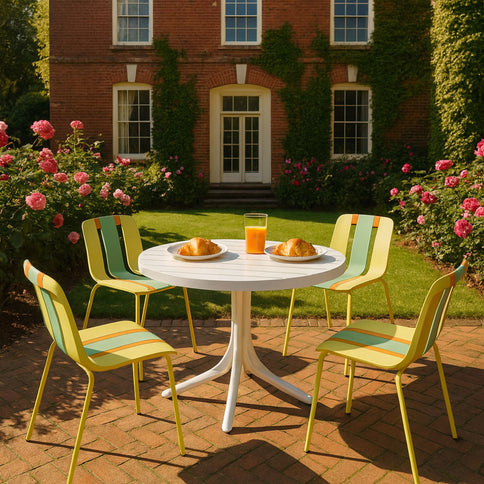 4 Piece Set Of Color Block Designed Single Chairs With Round Table - Grain Yellow / Haze Green / Tropical Orange / White