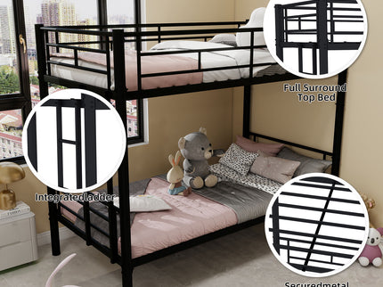 Metal Bunk Bed For Kids, Convertible Bedframe With Ladders & Guardrail