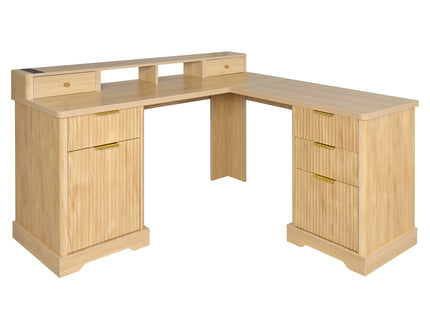 Fluted L-Shaped Desk With Charging Station & Storage Cabinet
