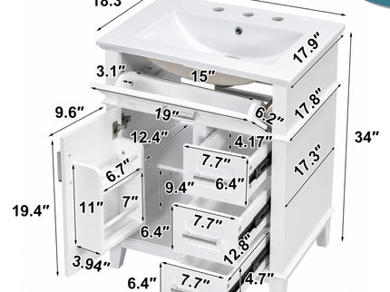 Modern Bathroom Vanity With Sink, Flip Drawer & 3 Drawers, Soft Close Hinges, Adjustable Shelf