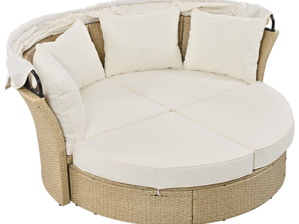 Outdoor Patio Daybed Wicker Rattan Double Daybed Round Sofa Furniture Set With Retractable Canopy, 4 Pillows For Lawn Garden