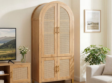 Tall Arched Cabinet With Rattan Doors & Adjustable Shelves